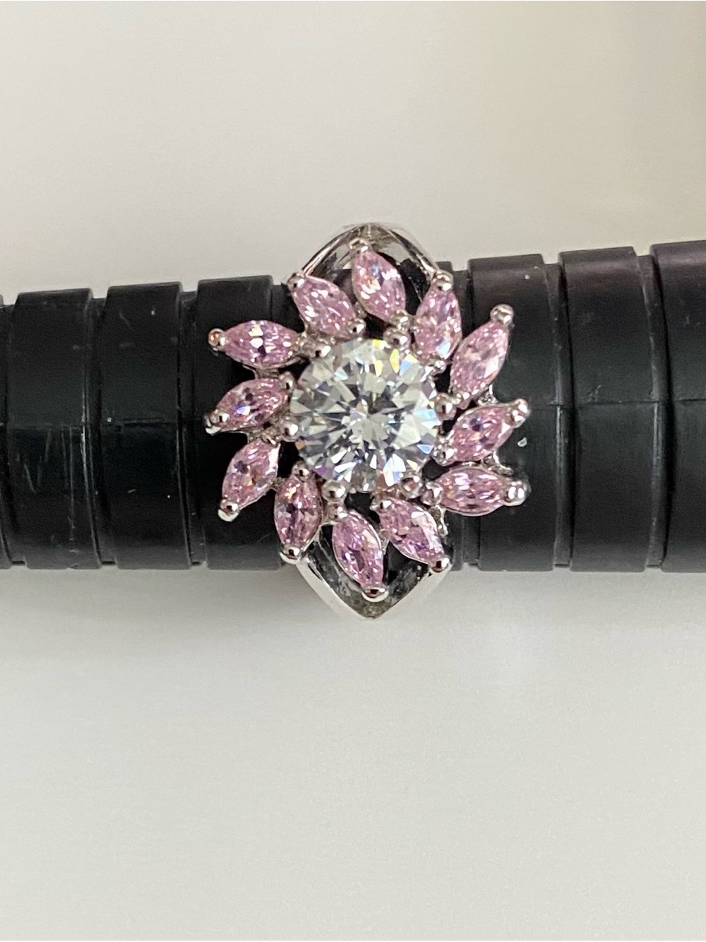 Sparkling Pink Marquise Floral Ring with Clear Center Stone 7